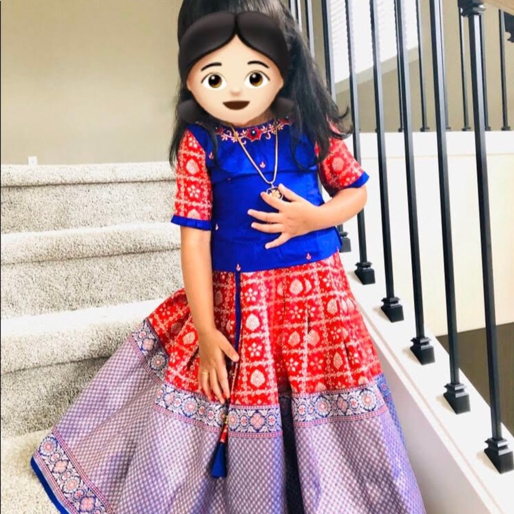 Red Banarasi lehanga with blue silk blouse and hand embroidery